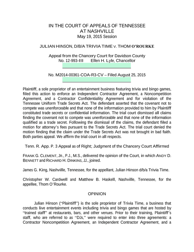 Court Of Appeals Of Tennessee Opinion Hinson V. ORourke screenshot
