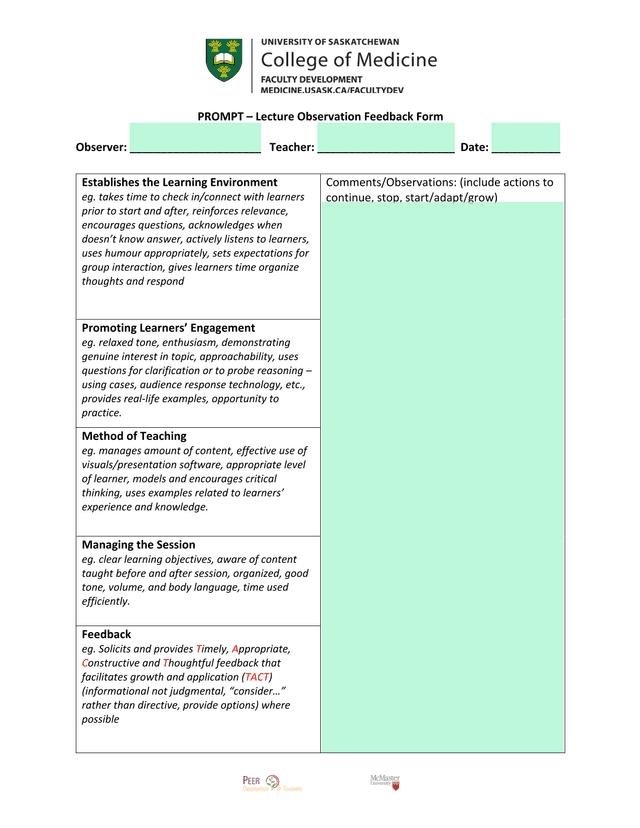 Lecture Observation Feedback Form screenshot