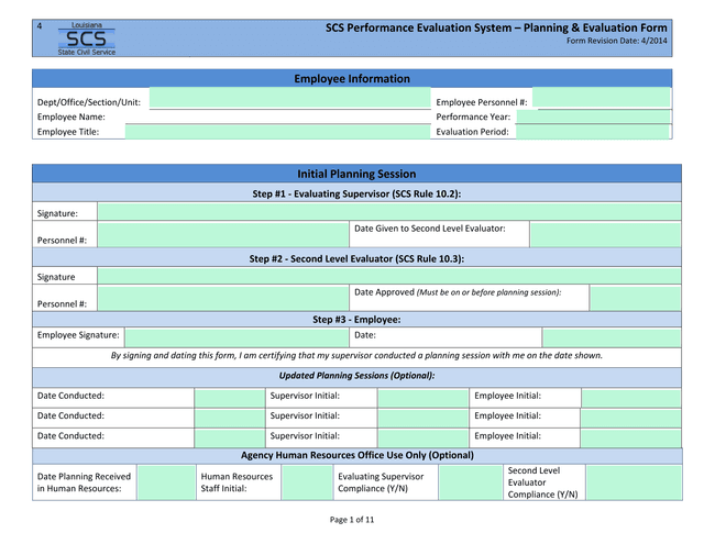 SCS Performance Evaluation System  Planning  Evaluation Form screenshot