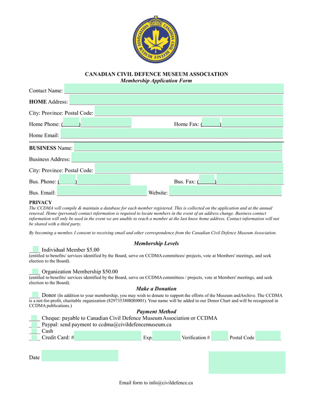 Canadian Civil Defence Museum Association Membership Application Form screenshot