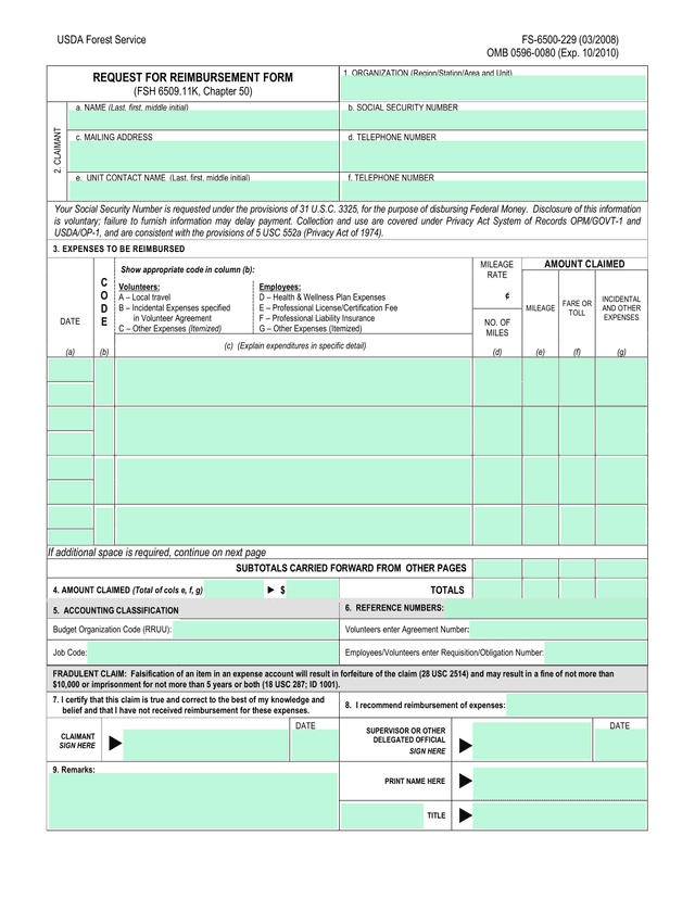 Request For Reimbursement Form screenshot