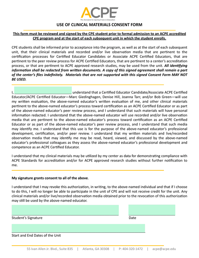 USE OF CLINICAL MATERIALS CONSENT FORM screenshot