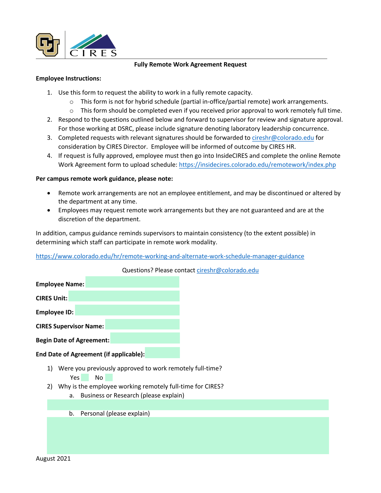 Fully Remote Work Agreement Request screenshot