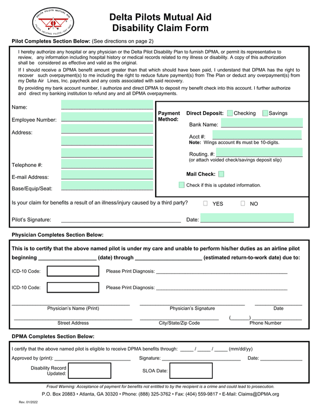 Delta Pilots Mutual Aid Disability Claim Form screenshot