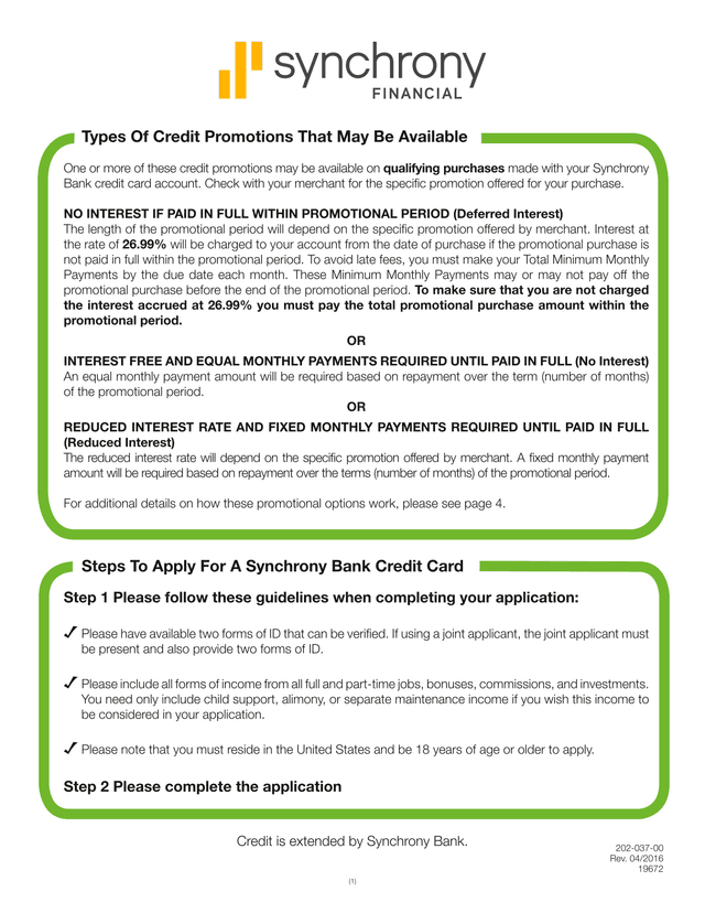 Synchrony Bank Credit Card Application Information screenshot