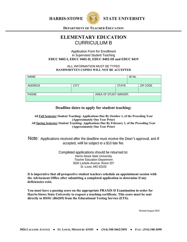 Application Form For Enrollment In Supervised Student Teaching screenshot