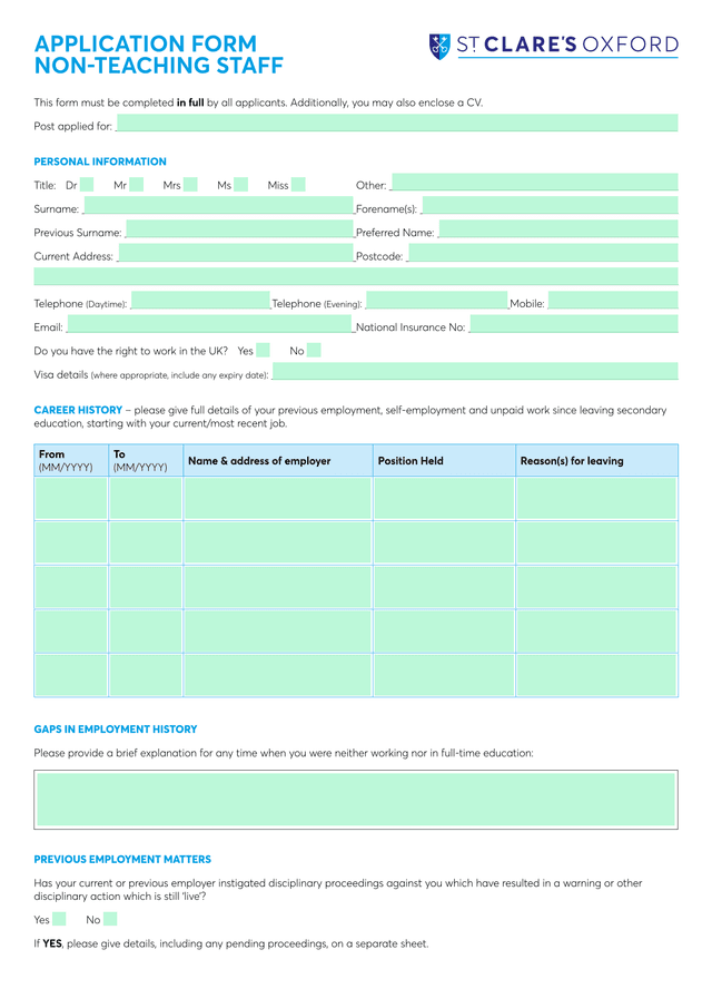 Non Teaching Staff Application Form screenshot