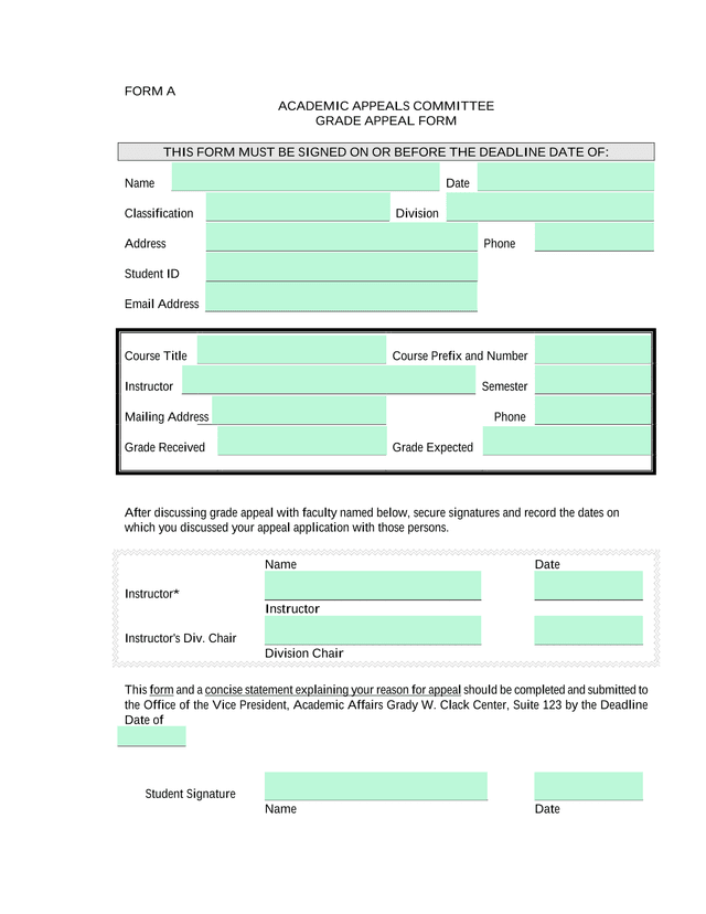 Grade Appeal Form screenshot