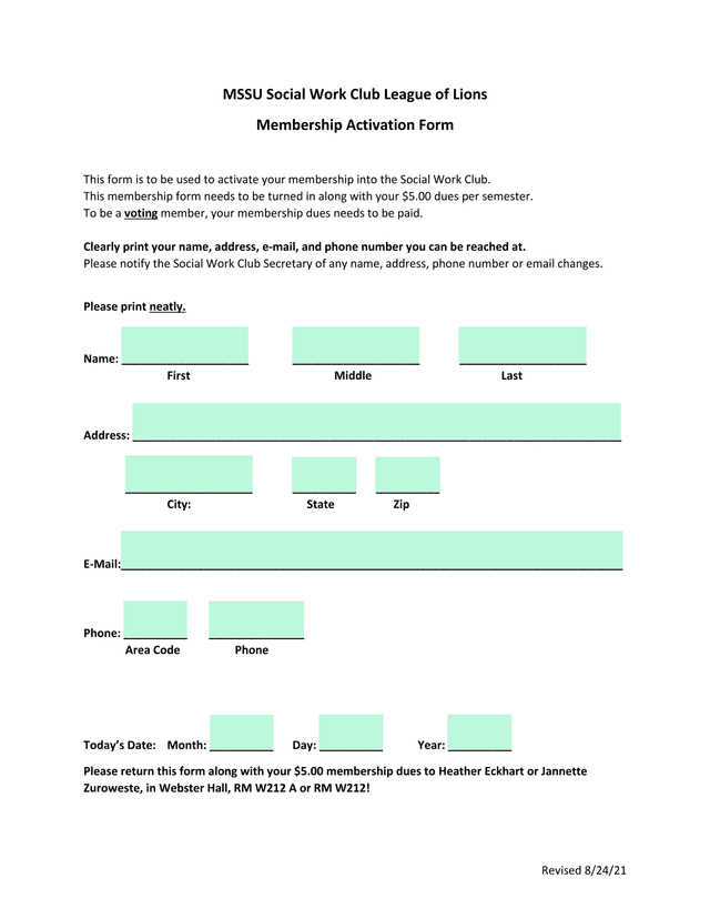 MSSU Social Work Club League Of Lions Membership Activation Form screenshot