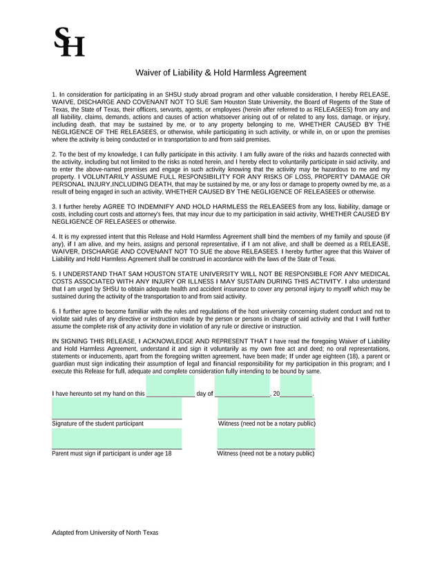 Waiver Of Liability  Hold Harmless Agreement screenshot