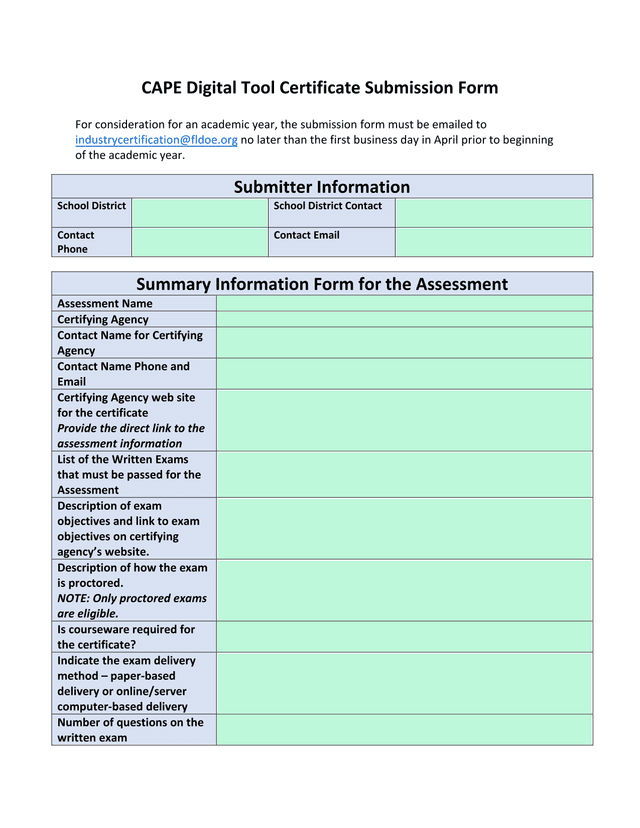 CAPE Digital Tool Certificate Submission Form screenshot