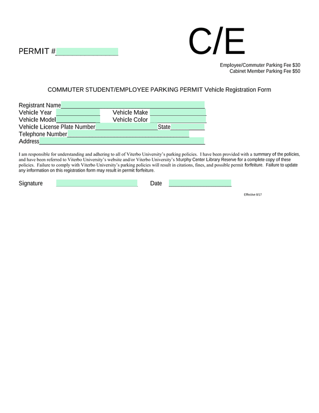 Commuter StudentEmployee Parking Permit Vehicle Registration Form screenshot