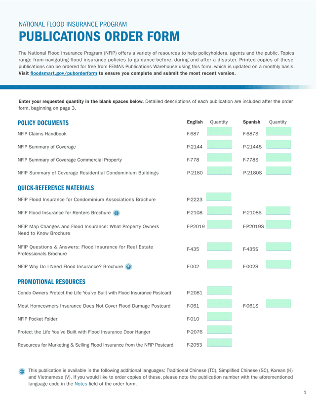 NATIONAL FLOOD INSURANCE PROGRAM PUBLICATIONS ORDER FORM screenshot