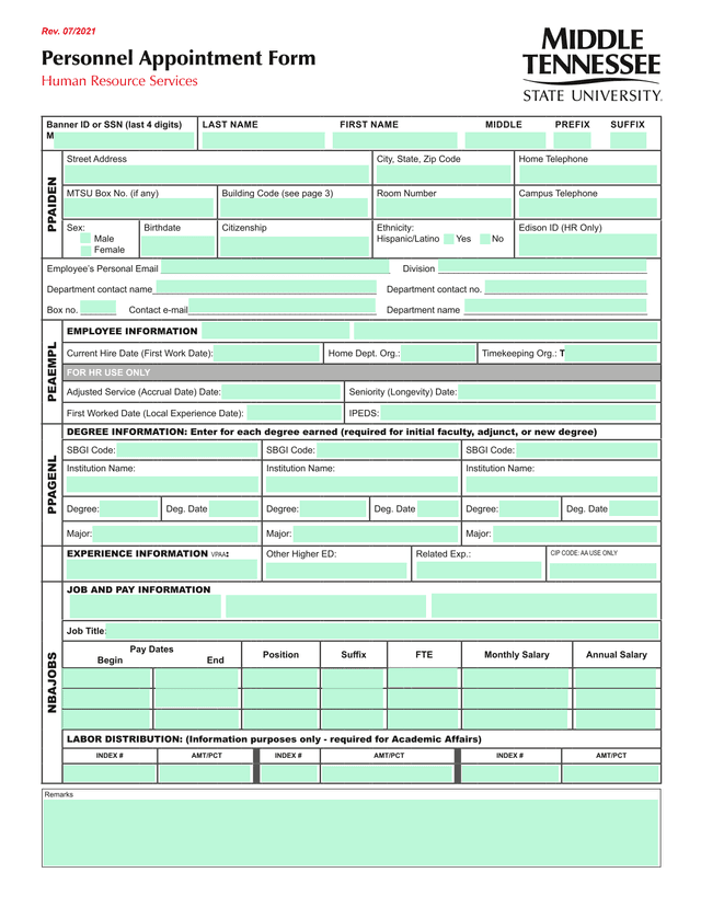 Personnel Appointment Form screenshot