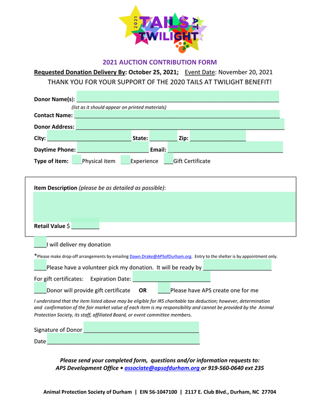 2021 Auction Contribution Form screenshot