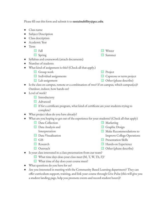 Sustainability Class Engagement Form screenshot