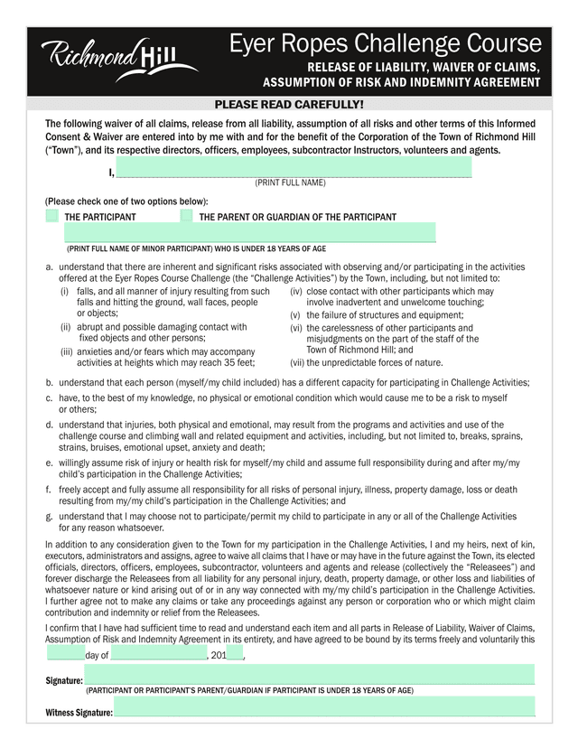 Eyer Ropes Challenge Course Release Of Liability, Waiver Of Claims, Assumption Of Risk And Indemnity screenshot