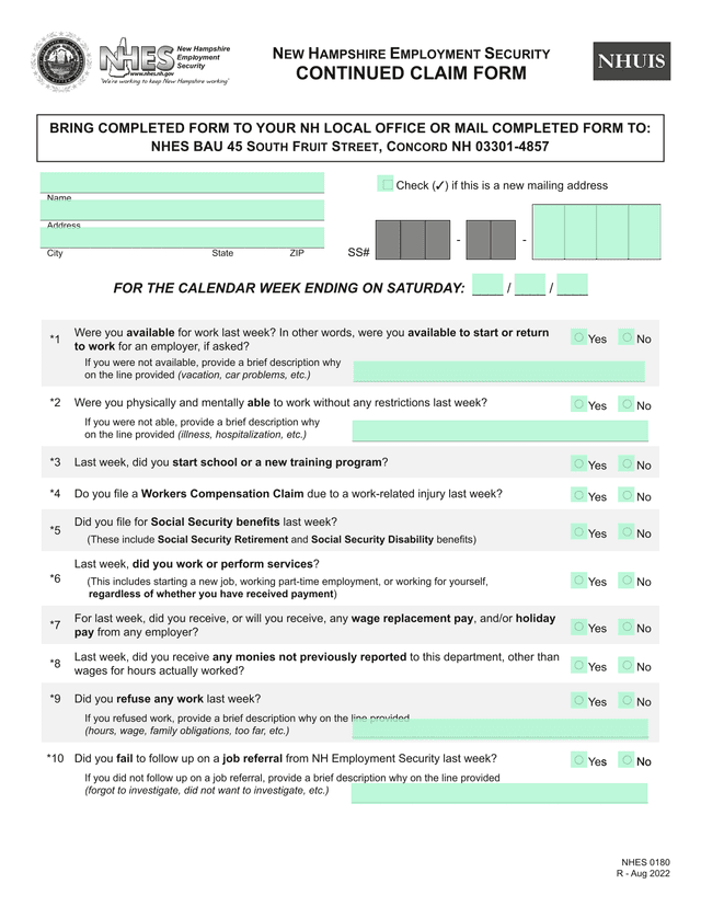 NHES 0180 R   Aug 2022 NEW HAMPSHIRE EMPLOYMENT SECURITY CONTINUED CLAIM FORM screenshot