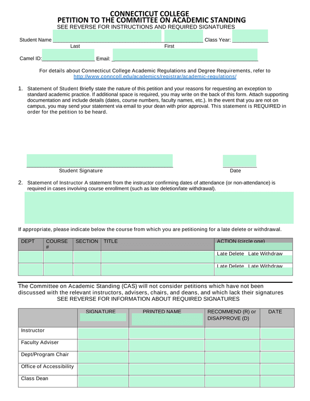 Petition To The Committee On Academic Standing screenshot