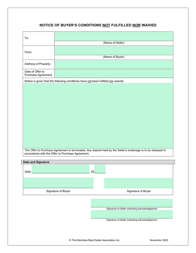 Notice Of BuyerS Conditions Not Fulfilled Nor Waived screenshot
