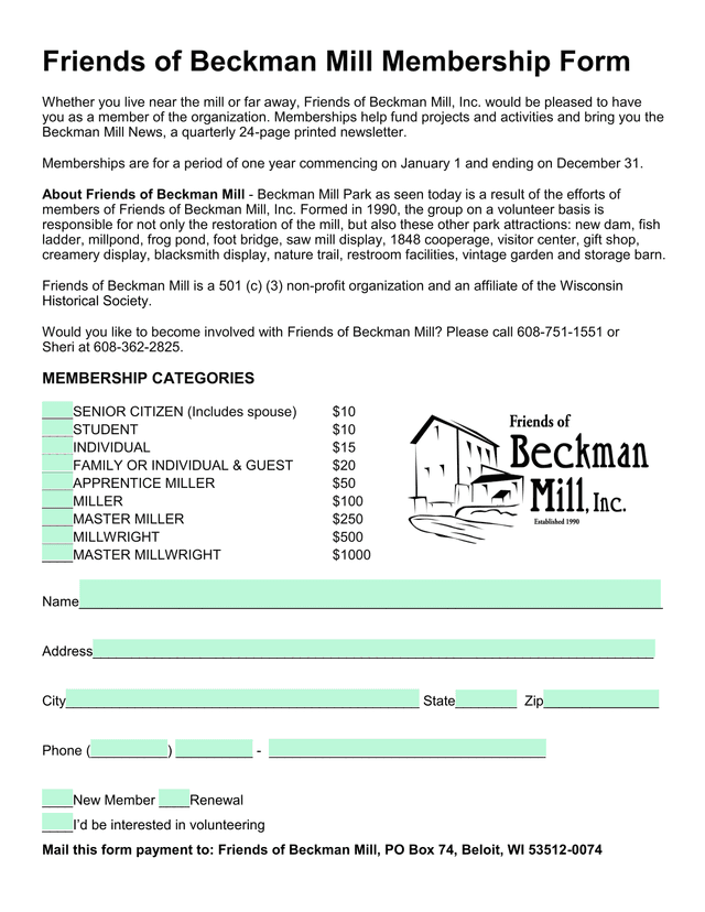 Friends Of Beckman Mill Membership Form screenshot