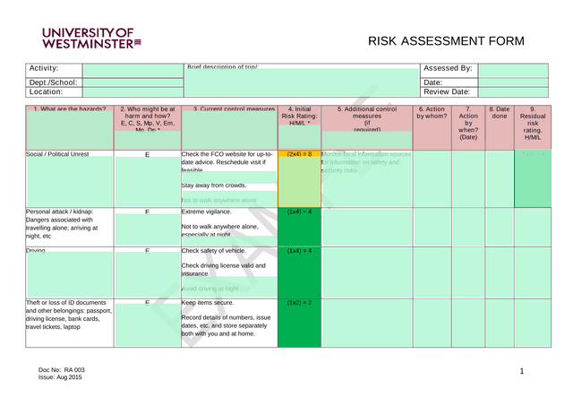 RISK ASSESSMENT FORM screenshot