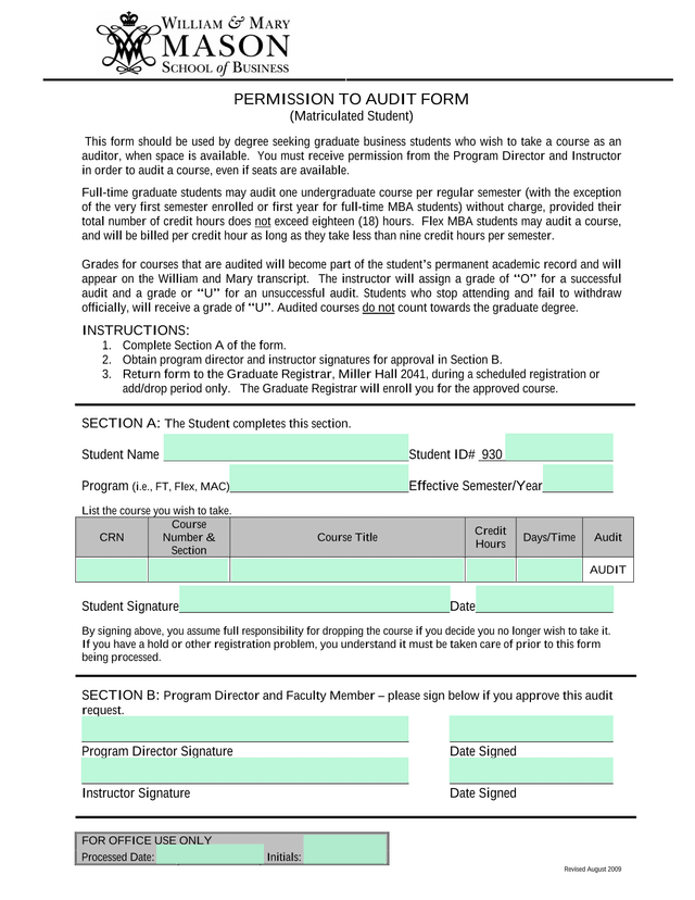 Permission To Audit Form (Matriculated Student) screenshot