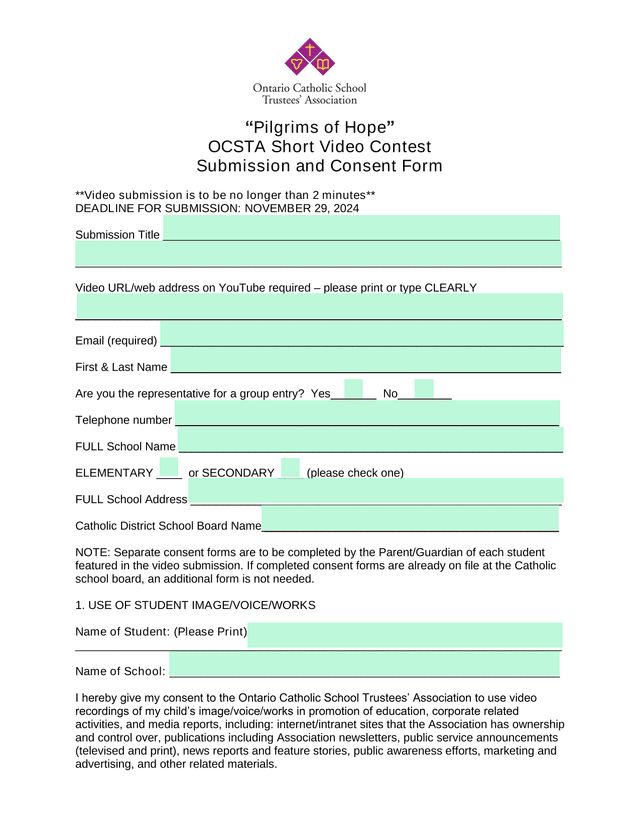 Pilgrims Of Hope OCSTA Short Video Contest Submission And Consent Form screenshot