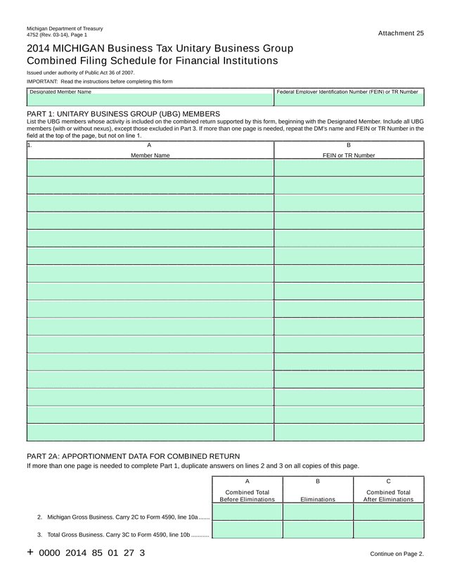2014 MICHIGAN Business Tax Unitary Business Group Combined Filing Schedule For Financial Institution screenshot