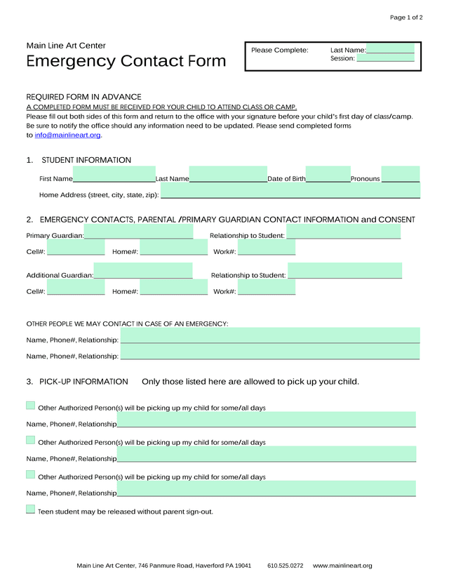 Main Line Art Center Emergency Contact Form screenshot