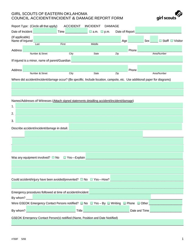 GIRL SCOUTS OF EASTERN OKLAHOMA COUNCIL ACCIDENTINCIDENT  DAMAGE REPORT FORM screenshot