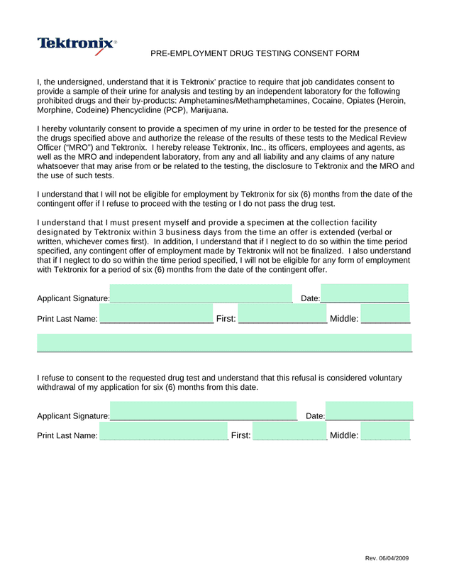 PRE EMPLOYMENT DRUG TESTING CONSENT FORM screenshot