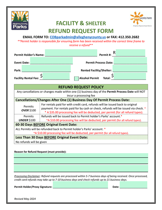 Facility  Shelter Refund Request Form screenshot