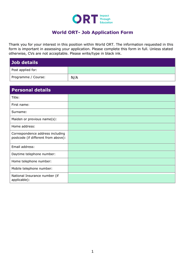 World ORT  Job Application Form screenshot