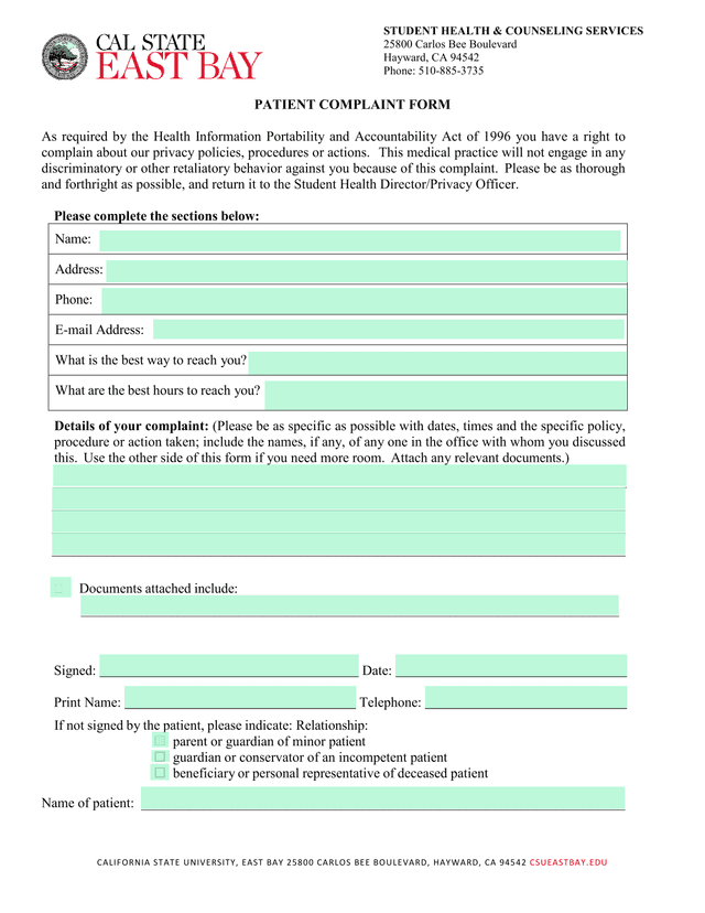 Patient Complaint Form screenshot