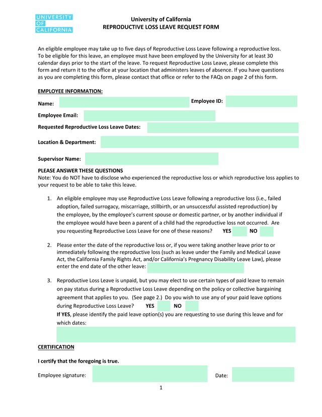 University Of California Reproductive Loss Leave Request Form screenshot