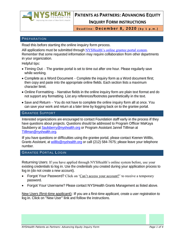 PATIENTS AS PARTNERS ADVANCING EQUITY INQUIRY FORM INSTRUCTIONS screenshot