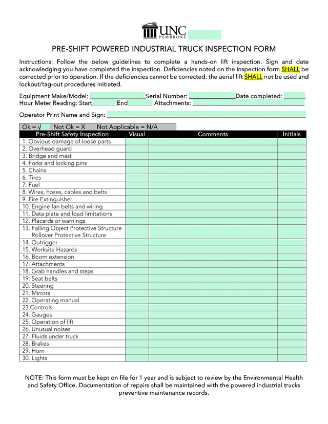 PRE SHIFT POWERED INDUSTRIAL TRUCK INSPECTION FORM screenshot