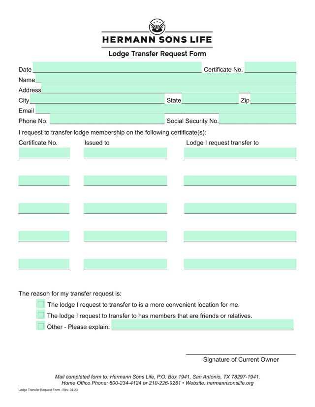 Lodge Transfer Request Form screenshot
