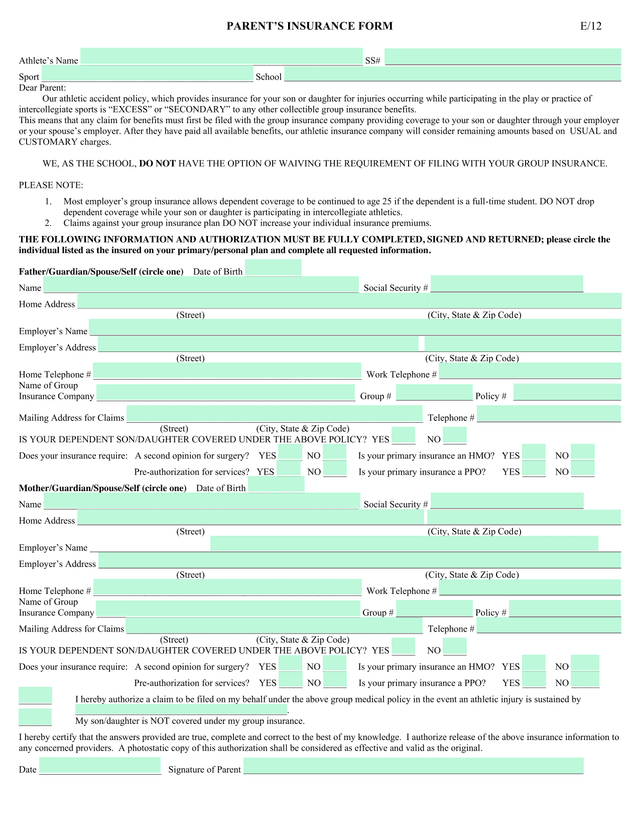 PARENTS INSURANCE FORM screenshot