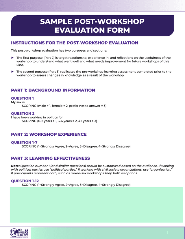 Sample Post Workshop Evaluation Form screenshot