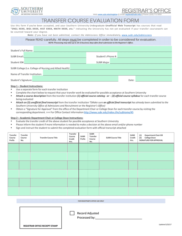 Transfer Course Evaluation Form screenshot