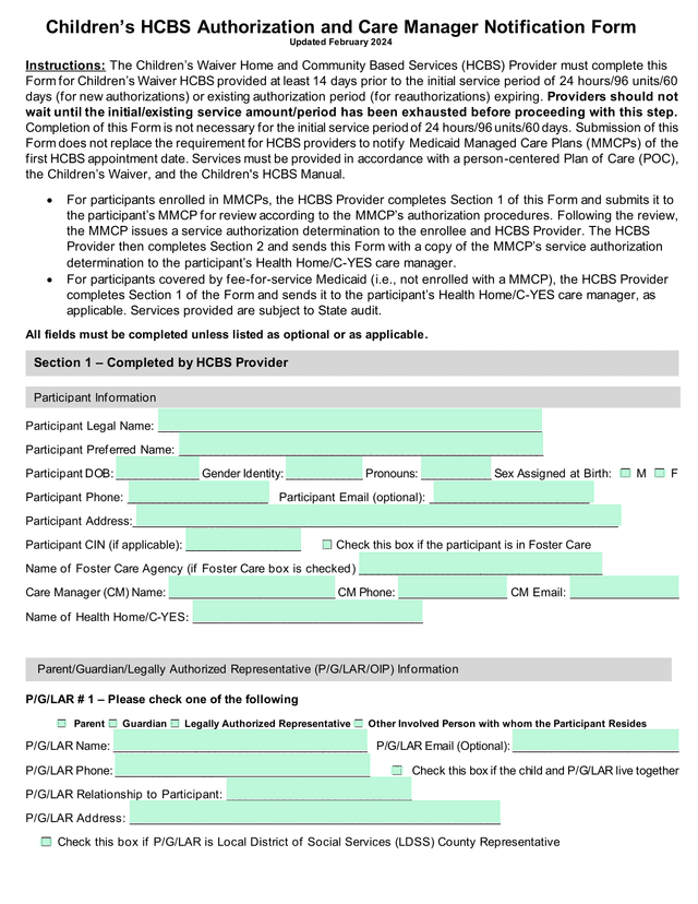 ChildrenS HCBS Authorization And Care Manager Notification Form screenshot