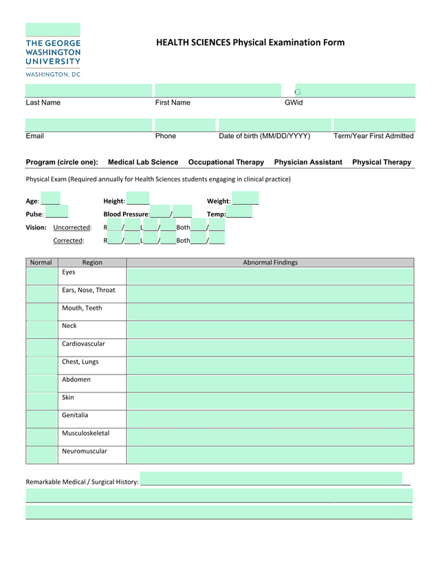 GW Health Sciences Physical Examination Form screenshot