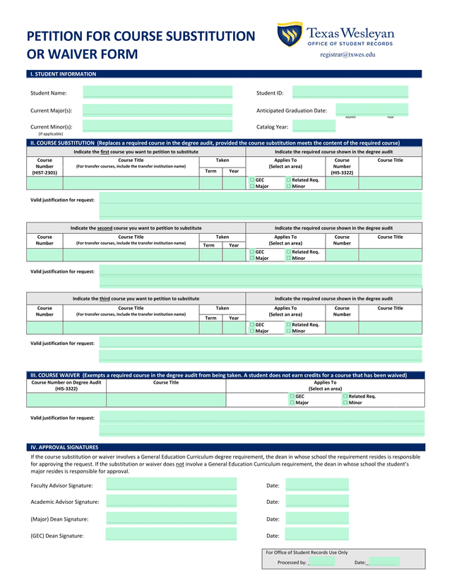 PETITION FOR COURSE SUBSTITUTION OR WAIVER FORM screenshot