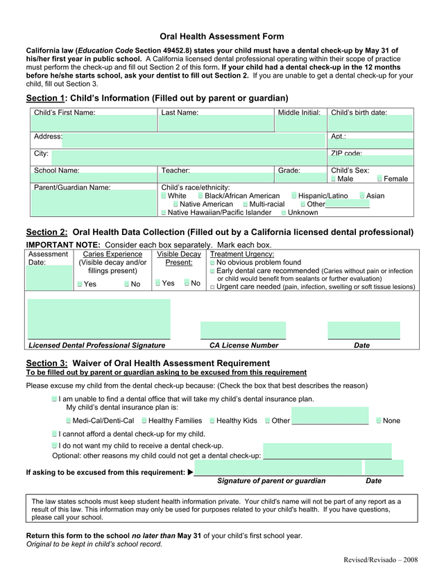 Oral Health Assessment Form screenshot