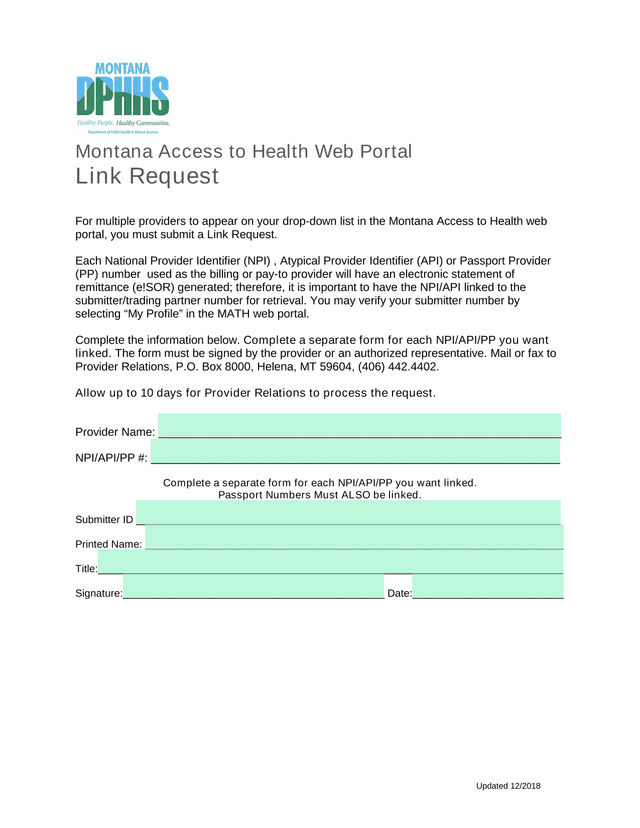 Montana Access To Health Web Portal Link Request screenshot