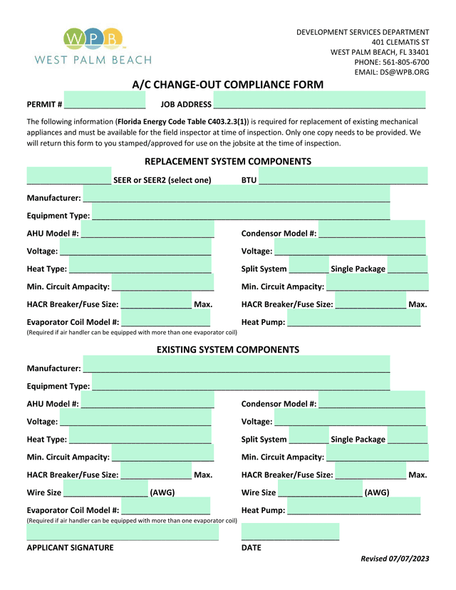 AC CHANGE OUT COMPLIANCE FORM screenshot
