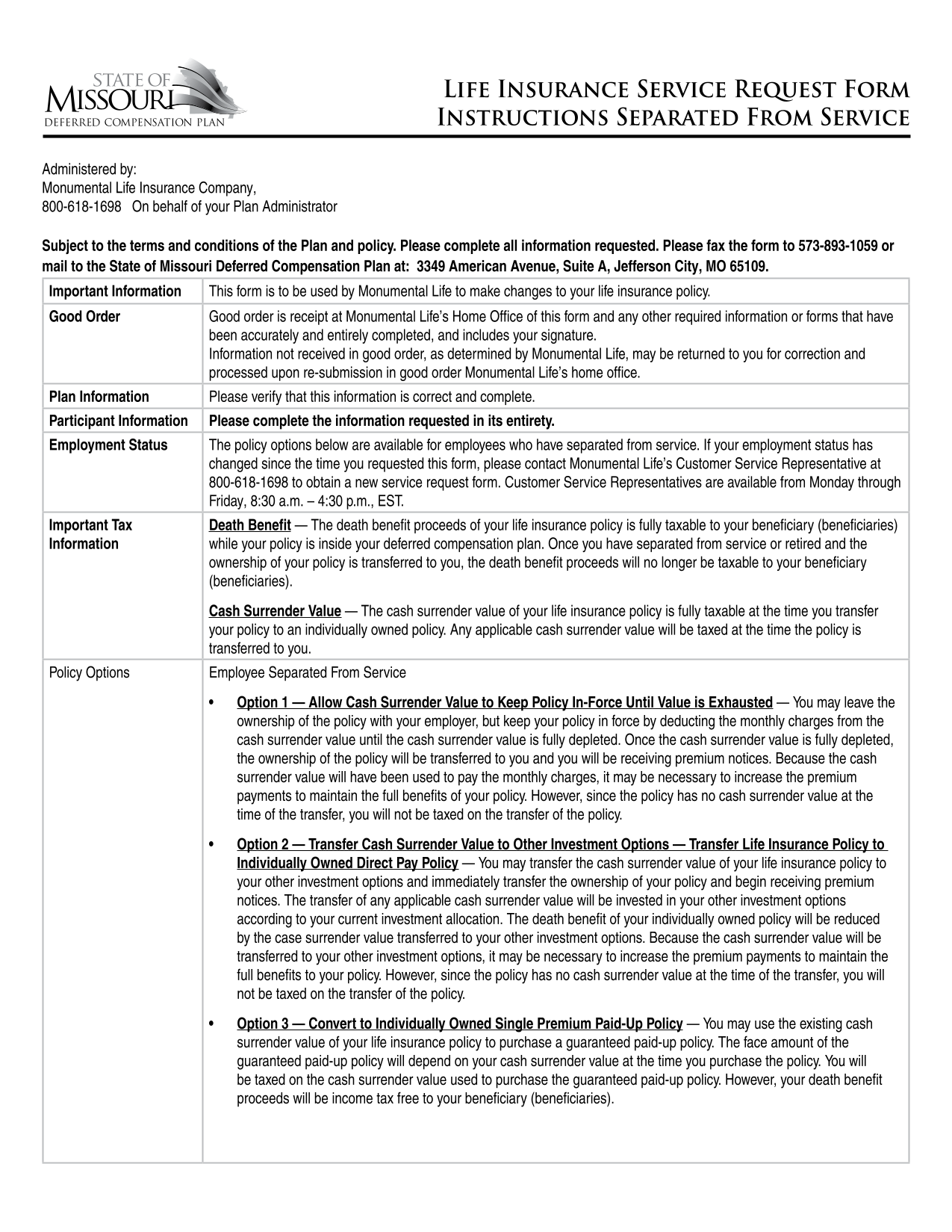 Life Insurance Policy Change Form screenshot