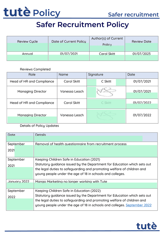 Safer Recruitment Policy screenshot